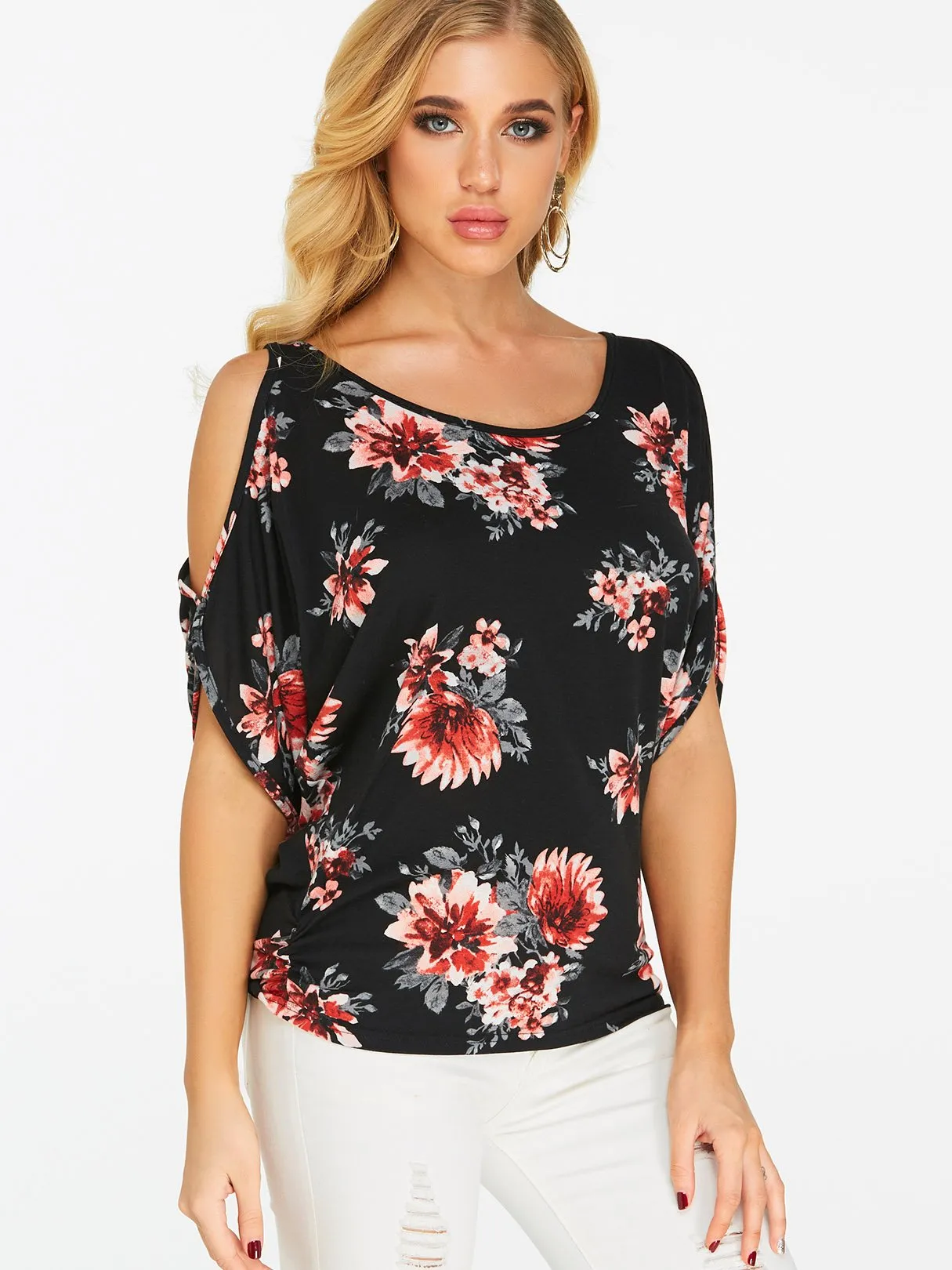 Wholesale Black Scoop Neck Cold Shoulder Cut Out Tie-Up Short Sleeve T-Shirts