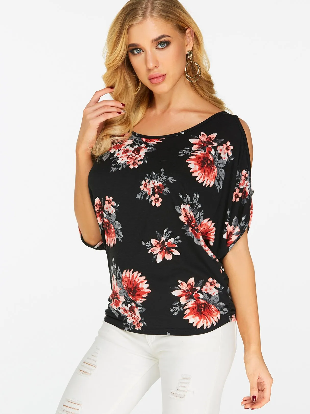 Wholesale Black Scoop Neck Cold Shoulder Cut Out Tie-Up Short Sleeve T-Shirts
