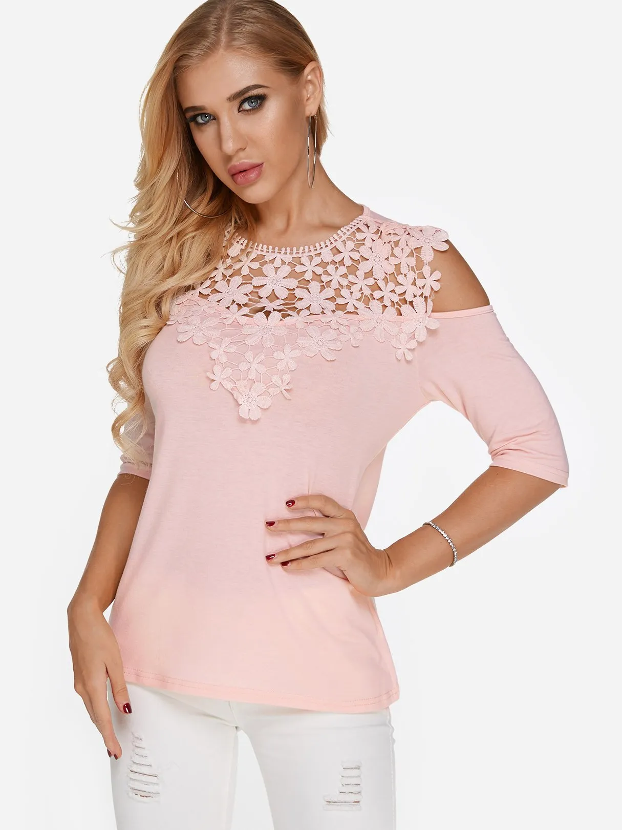 Wholesale Cold Shoulder Plain Lace Half Sleeve Pink T-Shirts