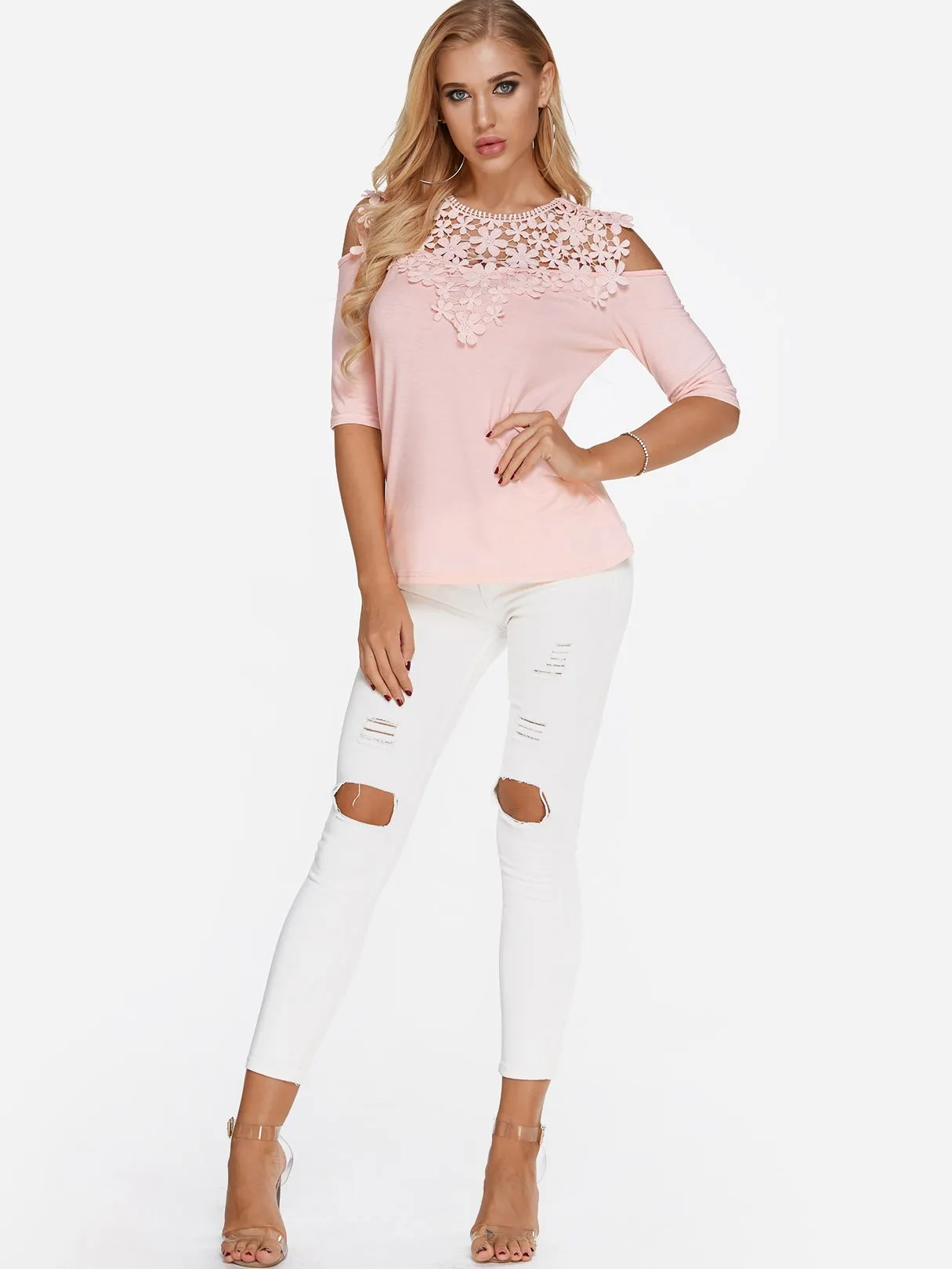Wholesale Cold Shoulder Plain Lace Half Sleeve Pink T-Shirts