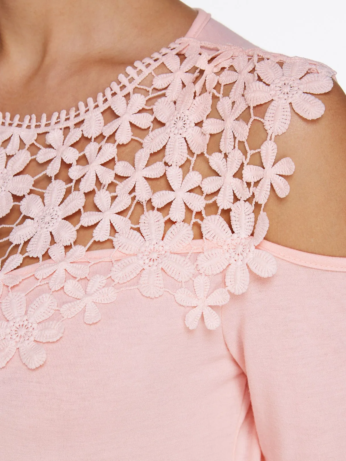 Wholesale Cold Shoulder Plain Lace Half Sleeve Pink T-Shirts