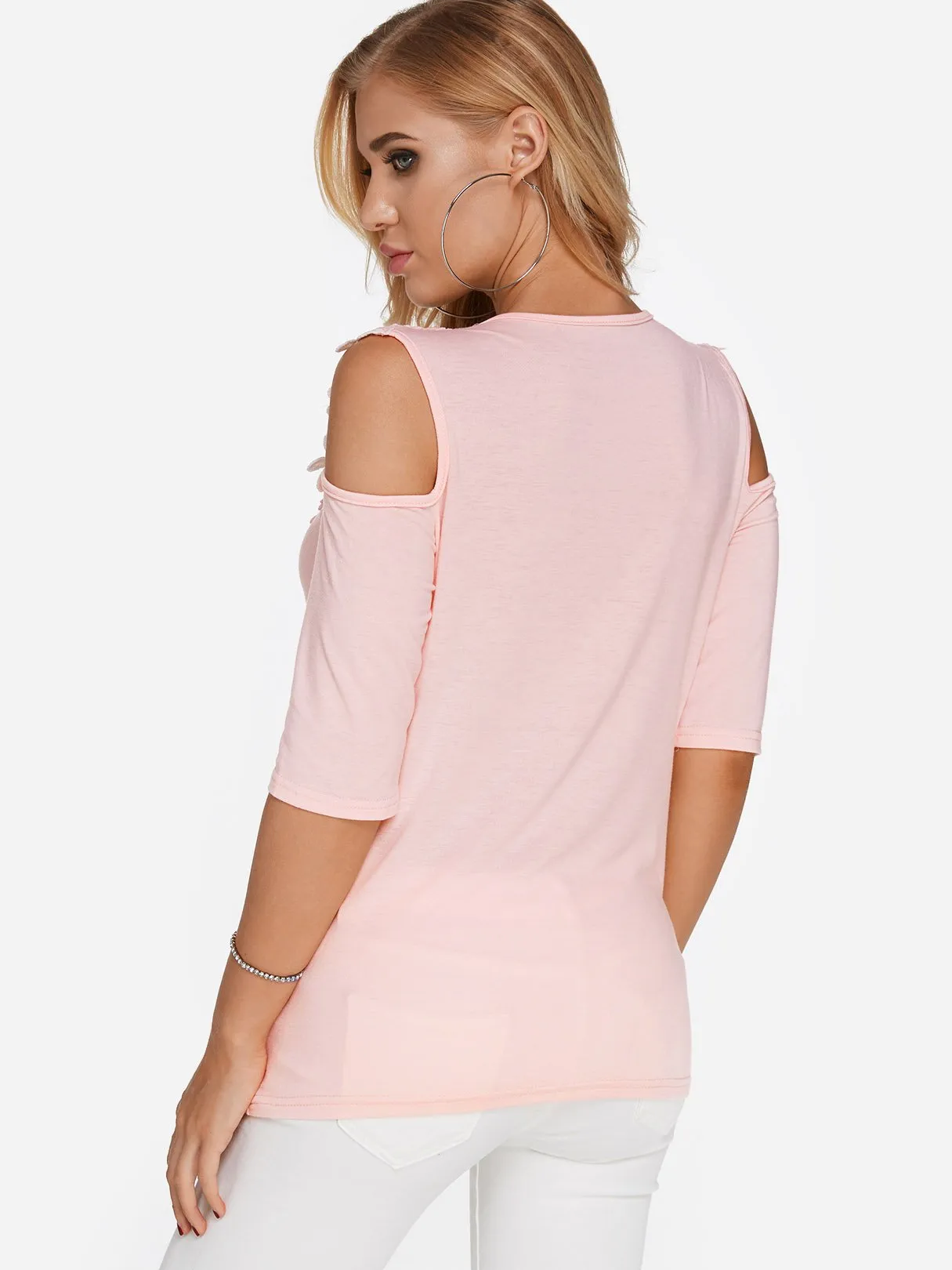 Wholesale Cold Shoulder Plain Lace Half Sleeve Pink T-Shirts
