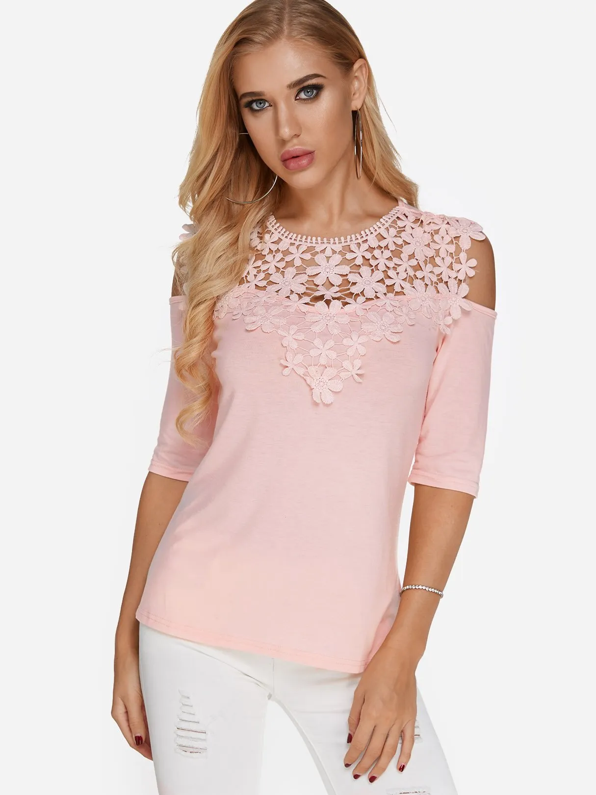 Wholesale Cold Shoulder Plain Lace Half Sleeve Pink T-Shirts