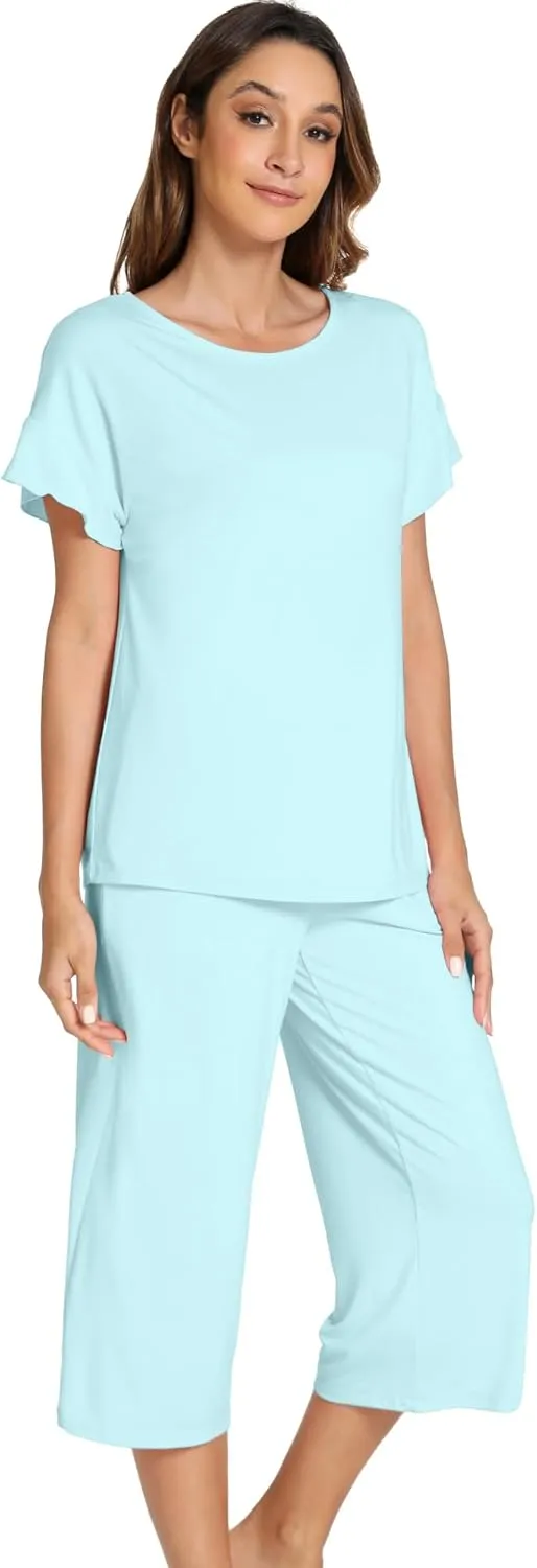 WiWi Pajamas for Women Soft Knit Capri Pants Pajama Sets Summer Pjs Sleepwear Comfy Lounge Set Viscose from Bamboo S-XXL