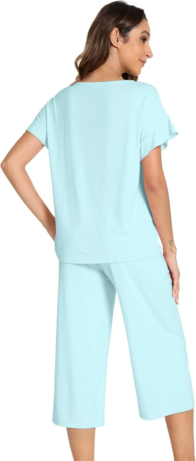 WiWi Pajamas for Women Soft Knit Capri Pants Pajama Sets Summer Pjs Sleepwear Comfy Lounge Set Viscose from Bamboo S-XXL