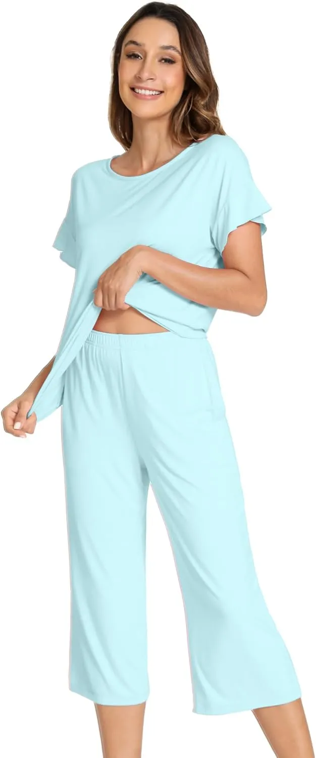 WiWi Pajamas for Women Soft Knit Capri Pants Pajama Sets Summer Pjs Sleepwear Comfy Lounge Set Viscose from Bamboo S-XXL