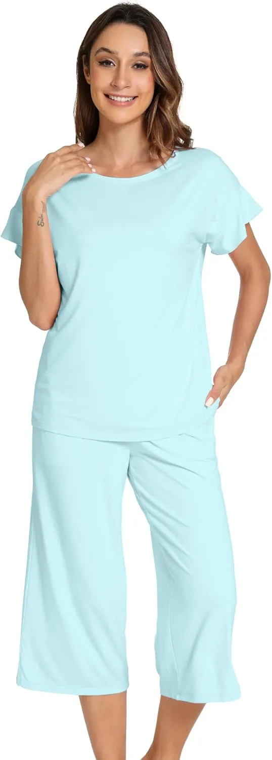 WiWi Pajamas for Women Soft Knit Capri Pants Pajama Sets Summer Pjs Sleepwear Comfy Lounge Set Viscose from Bamboo S-XXL