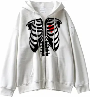 Women Trendy Hoodie Y2K Zip Up Oversized Sweatshirt Harajuku Punk Streetwear Long Sleeve Skeleton Grapic Jacket Cute