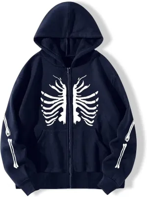 Women Trendy Hoodie Y2K Zip Up Oversized Sweatshirt Harajuku Punk Streetwear Long Sleeve Skeleton Grapic Jacket Cute