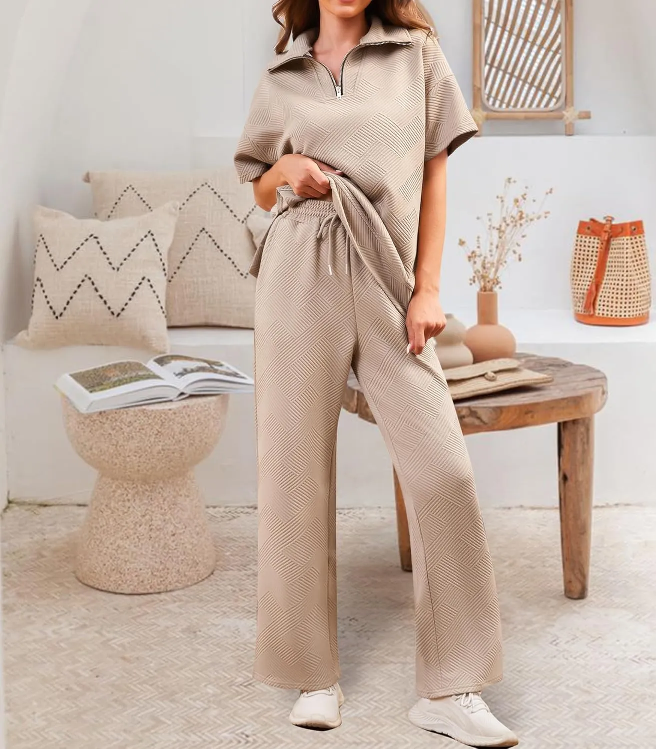 Womens 2 Piece Outfits Textured Lounge Sets Short Sleeve Half Zip Lapel Collar Top and Wide Leg Long Pants Sweatsuits