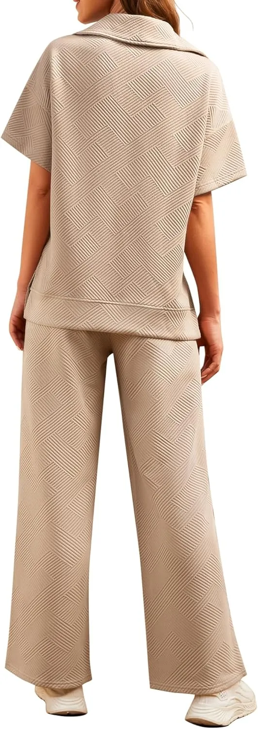 Womens 2 Piece Outfits Textured Lounge Sets Short Sleeve Half Zip Lapel Collar Top and Wide Leg Long Pants Sweatsuits