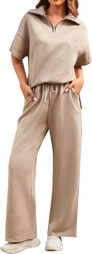 Womens 2 Piece Outfits Textured Lounge Sets Short Sleeve Half Zip Lapel Collar Top and Wide Leg Long Pants Sweatsuits