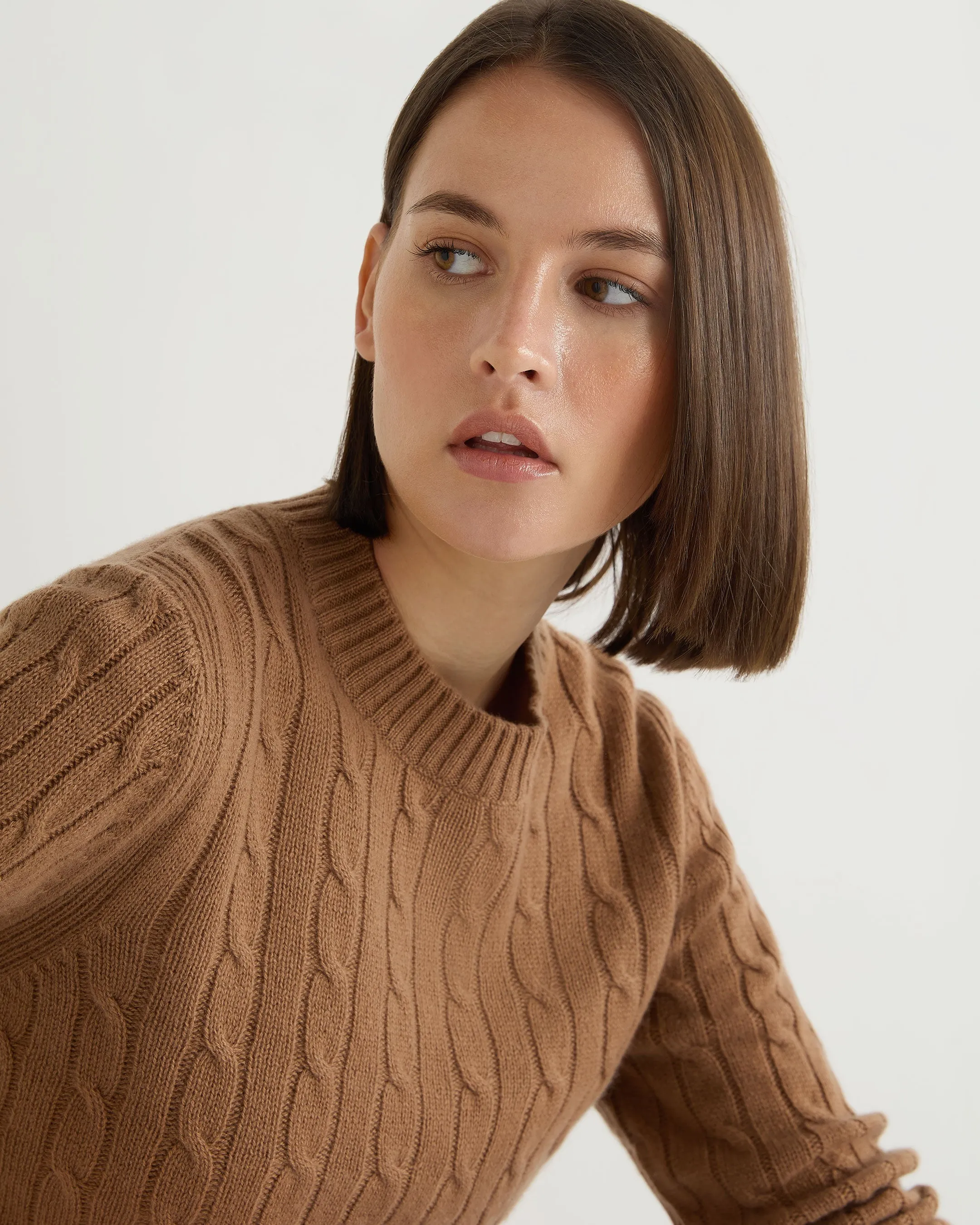 Women's Adelyn Cable Round Neck Cashmere Sweater Dark Camel Brown