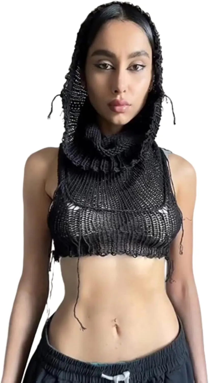 Women's Knitted Hoodie Sweater Vest Sexy Sleeveless Hollow Out Hooded Crop Top Draped Sweatshirt Streetwear