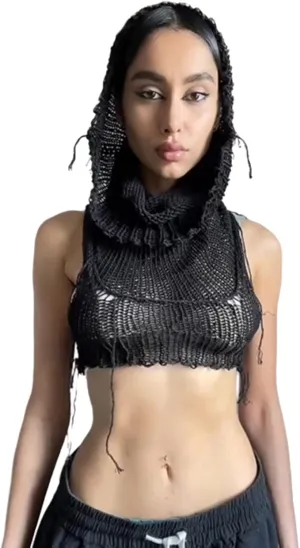 Women's Knitted Hoodie Sweater Vest Sexy Sleeveless Hollow Out Hooded Crop Top Draped Sweatshirt Streetwear