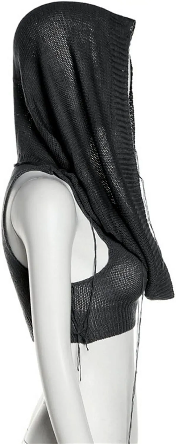 Women's Knitted Hoodie Sweater Vest Sexy Sleeveless Hollow Out Hooded Crop Top Draped Sweatshirt Streetwear