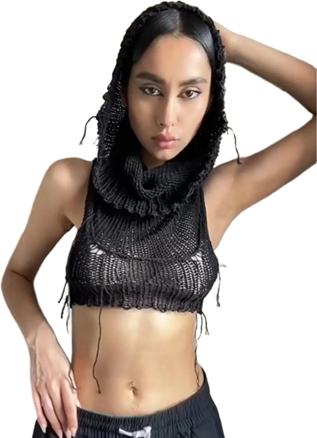 Women's Knitted Hoodie Sweater Vest Sexy Sleeveless Hollow Out Hooded Crop Top Draped Sweatshirt Streetwear