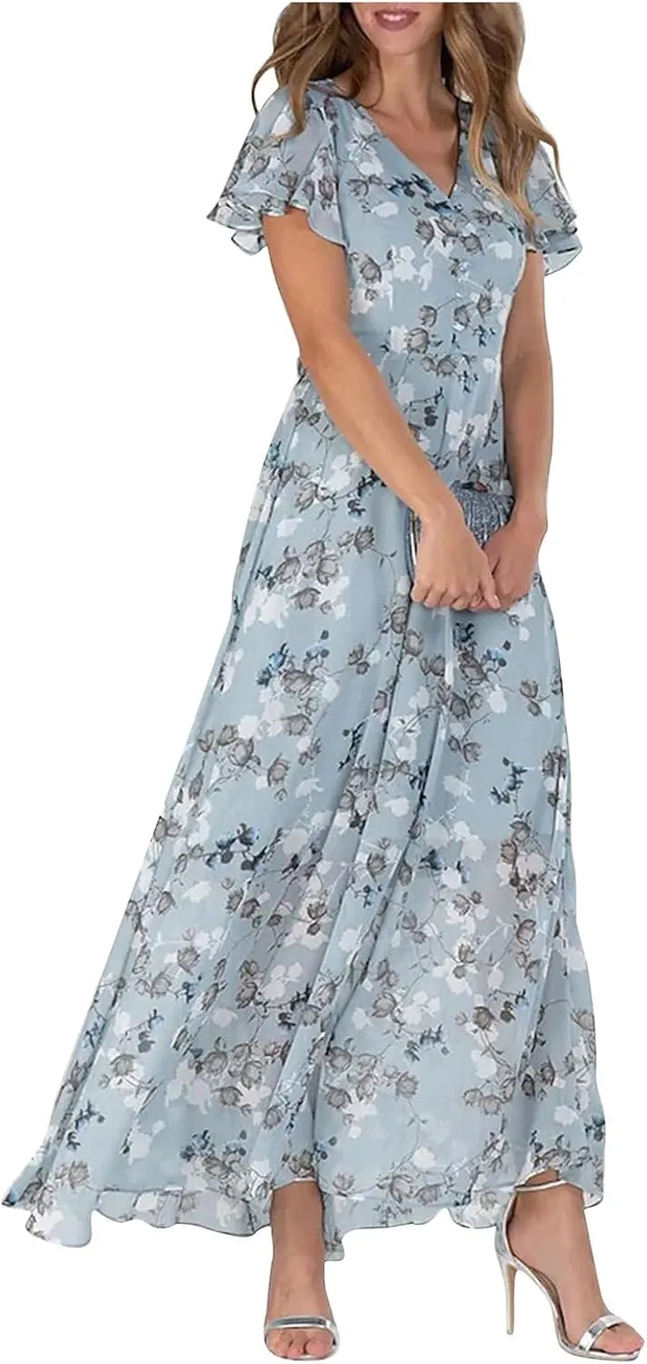 Womens Ruffle Sleeve Summer Dresses 2024 Elegant Chiffon Dresses Floral Wrap V Neck Maxi Dress Boho Beach Flowy Dress