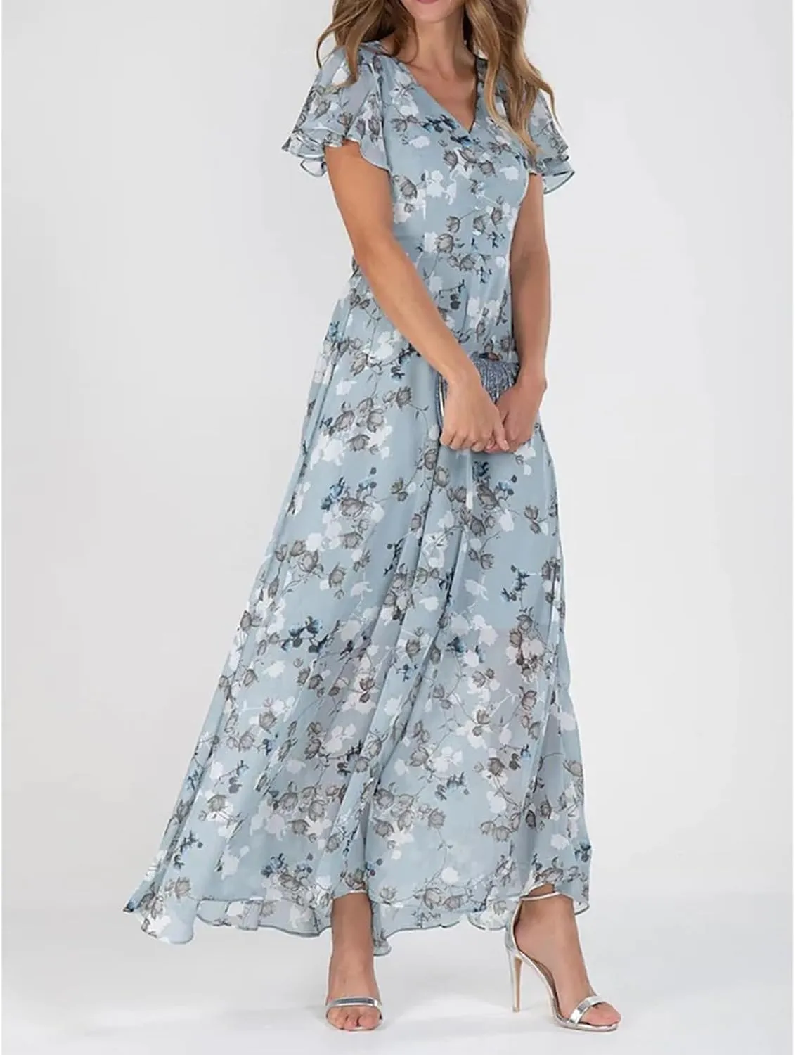 Womens Ruffle Sleeve Summer Dresses 2024 Elegant Chiffon Dresses Floral Wrap V Neck Maxi Dress Boho Beach Flowy Dress
